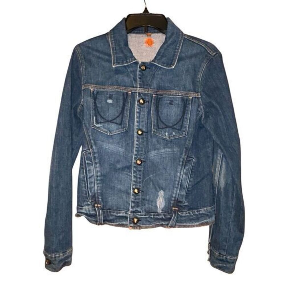 U by Yanuk‎ Womens Denim Trucker Jean Jacket Distressed Medium Western Stretch
